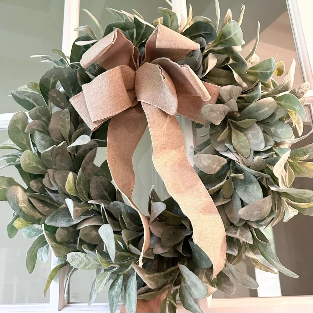 Faux Eucalyptus Lambs Ear Wreath Burlap Bow - Green Soft Silvery Greenery 23”